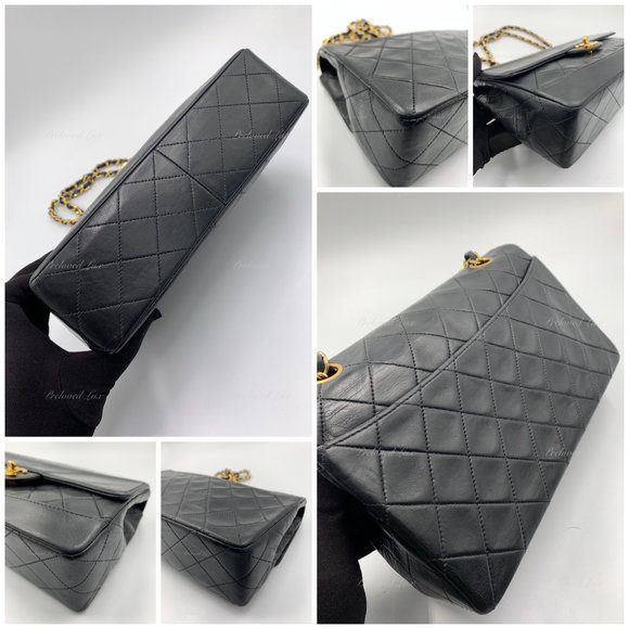 Authentic CHANEL Lambskin Double Chain Small Vintage Flap Black / Gold Hardware - Picture 10 of 17